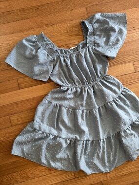 mine Light Blue Puff-Sleeve Tiered Midi Dress